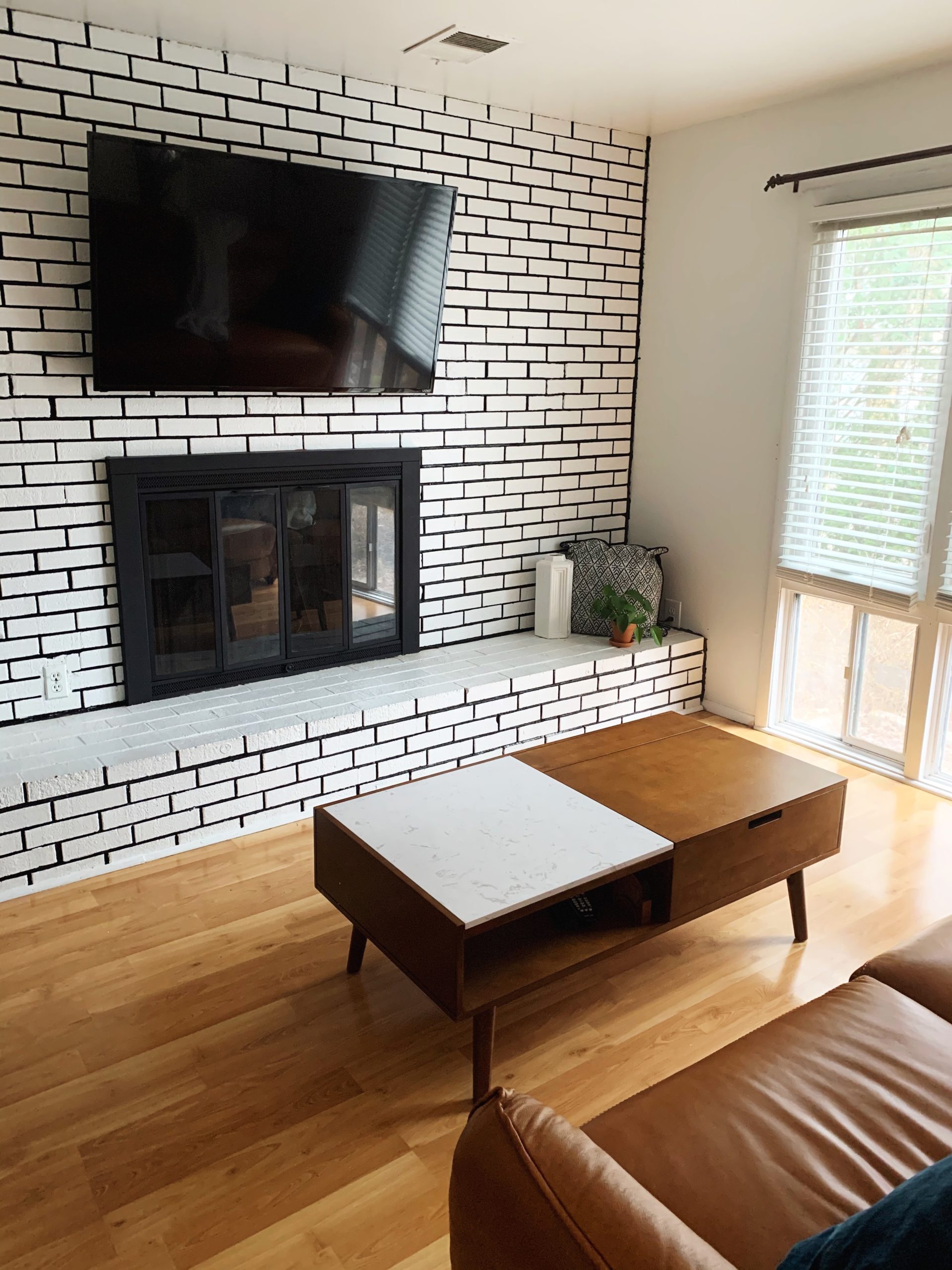 brick fireplace modern coffee table